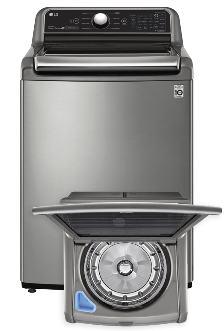 Gray top loading washer with top open and closed