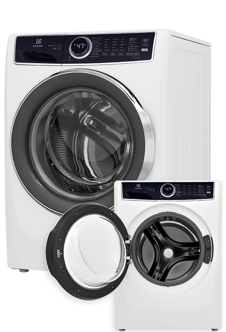 White front loading washer with front closed and open