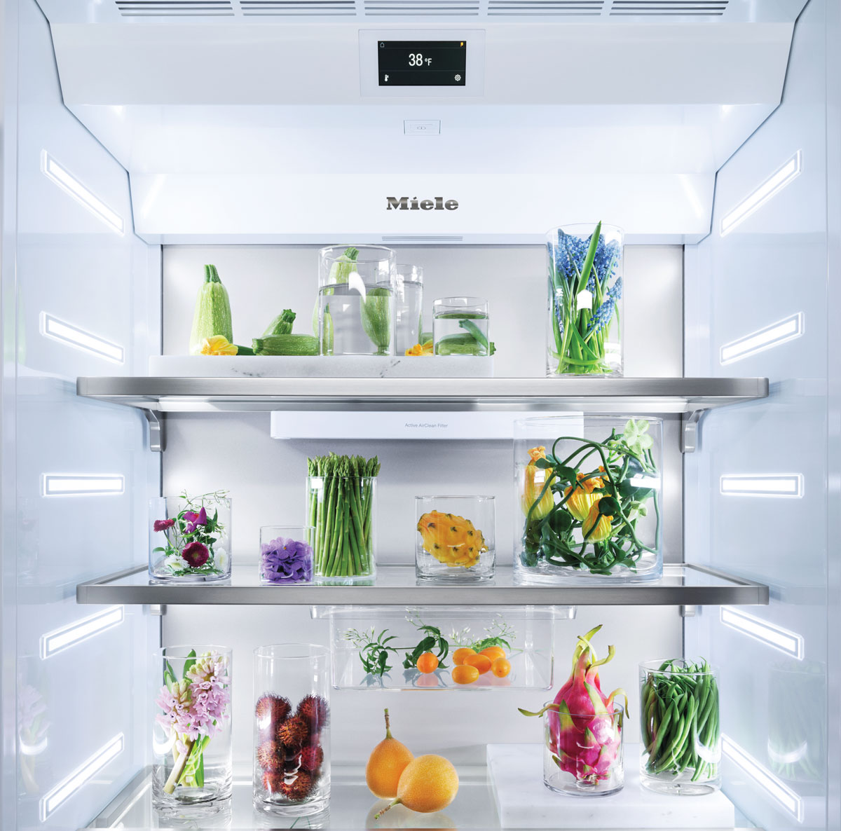 Interior of Miele fridge with food inside