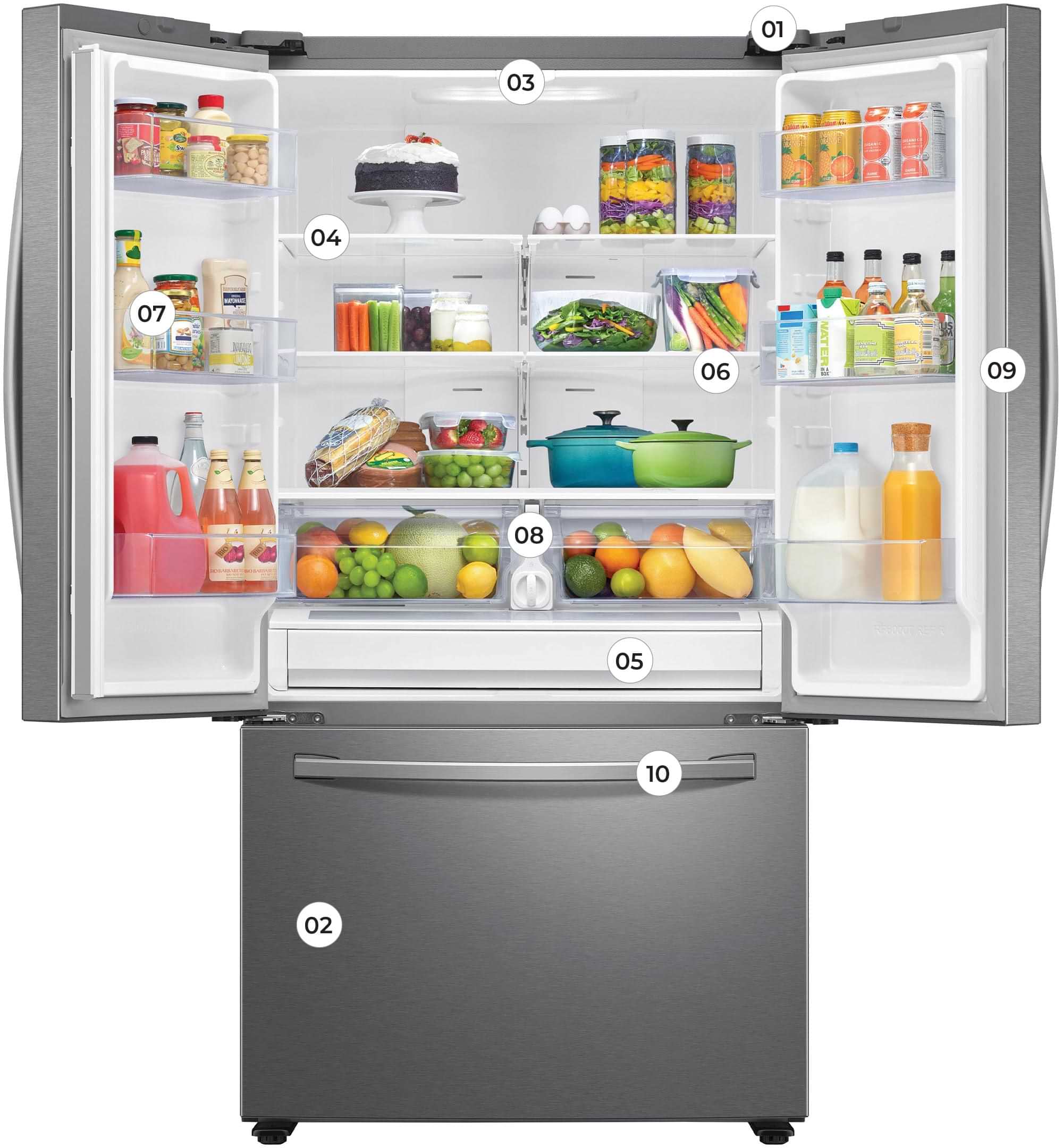Samsung 36-Inch 3-Door French Door Refrigerator with both doors open and stocked with food and drink