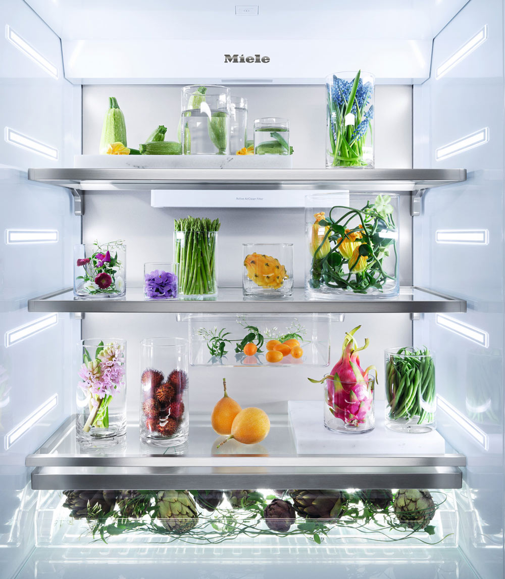 Interior of Miele fridge with food inside