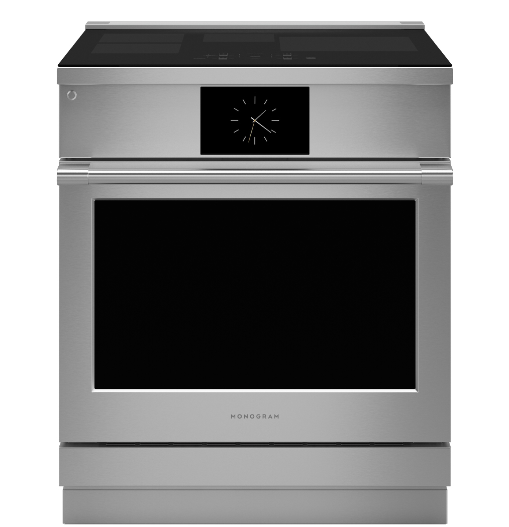 Modern stainless steel oven with a large black glass door and a digital clock display.