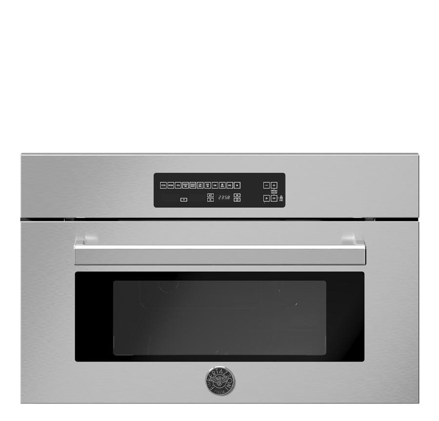 Stainless steel microwave oven with a digital control panel.