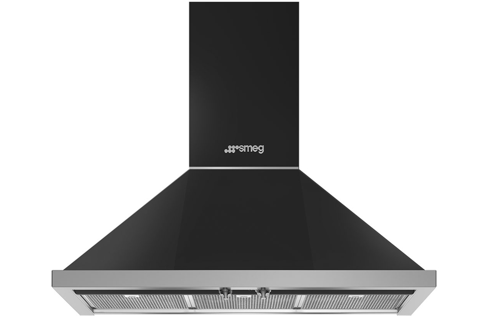 Black pyramid-shaped kitchen range hood with metallic accents and logo.