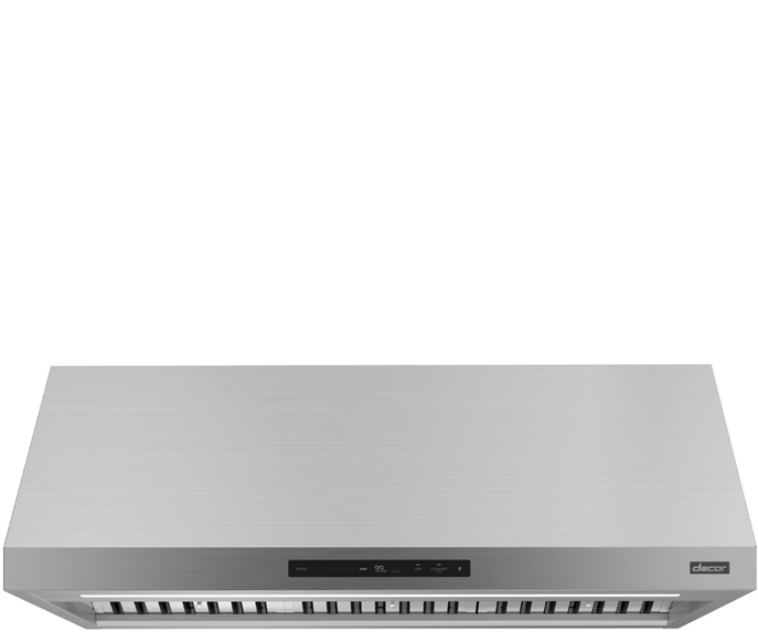 Stainless steel kitchen range hood with digital control panel.